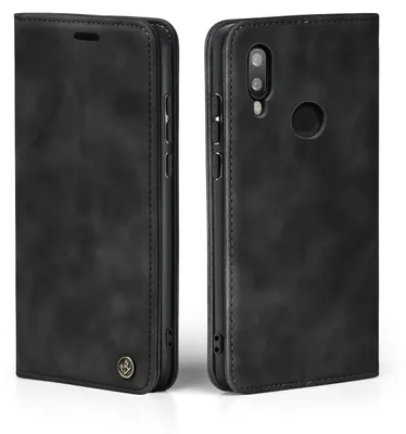 A black flip cover phone case shown from two angles.