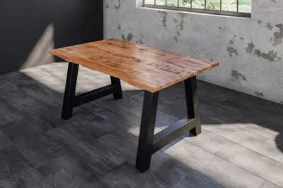 Produktbild von Esstisch Dora 140 x 80 cm, Mangoholz massiv, lackiert & naturfarben, Baumkantentisch mit A-Metallgestell in Mattschwarz, echte Baumkante, 26 mm
