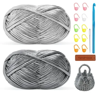 Immagine prodotto di Set di 2 gomitoli di filato metallizzato per t-shirt, peso 100g, compatibile con uncinetto da 7mm, colore argento-grigio