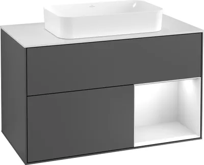 Produktbild von Villeroy & Boch Waschtischunterschrank FINION 1000 x 603 x 501 mm, mit Abdeckplatte Glas Black Matt Regalelement Walnut Veneer Black Matt Lacquer