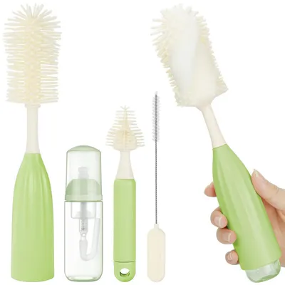 Produktbild von Baby Flaschenbürste Set mit Silikonbürste, Nippelbürste, Strohbürste und Seifenspender, BPA-frei, Grün