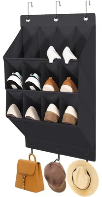 Zdjęcie produktu dla Organizer do butów – organizer do zawieszania – 12 przegródek – wisząca szafka na buty – z haczykami – oszczędza miejsce – do przechowywania butów i akcesoriów – kolor czarny