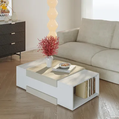 Produktbild von Couchtisch 'Eljak' Wohnzimmertisch 110 x 57 x 31 cm mit 2 offenen Ablagefächern rechteckig Weiß/Sandfarben