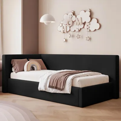 Produktbild von Eckbett Jugendbett Sampre 120x200 cm Schwarz Links Strukturstoff – Bettkasten, Metalllattenrost