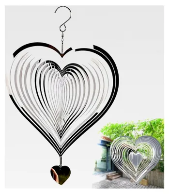 Produktbild von Edelstahl Windspiel, 3D Hängender Windspinner, Drehendes Kinetisches Windmobile, Edelrost Windspiel Spirale Herz, Lichteffekt Design Windspiele für Garten, Windspiel für Wohnzimmer, Korridor und Fensterdeko
