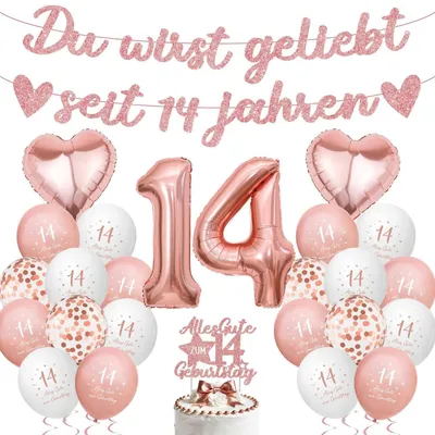 Zdjęcie produktu dla Dekoracje na 14. urodziny dziewczynki w kolorze różowego złota: balony, girlanda, dekoracje na tort, baner, duży balon w kształcie cyfry