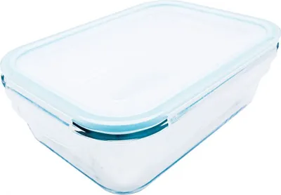 A clear glass food storage container with a light blue lid, shown from a slightly elevated angle against a white background.