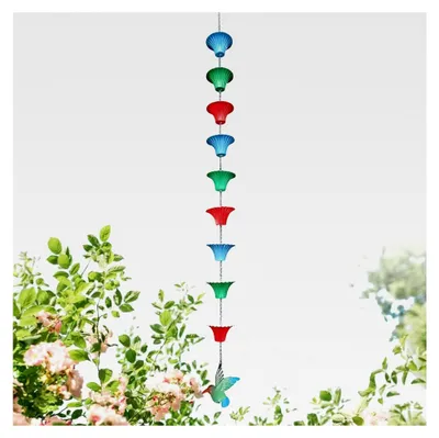 Produktbild von Regenketten | 119 cm Rostschutz Verlängerung - Kolibri-Design mit 8 Bechern für Garten, Outdoor, Pavillon, Terrasse, Dach und Vordach