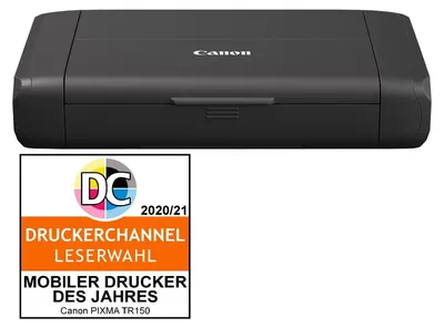 A black Canon printer is shown with a marketing badge below it.