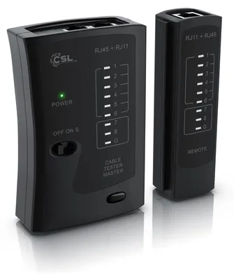 Produktbild von CSL Netzwerk-Kabeltester, RJ45/RJ11/12/(25)/14-Buchse, Ethernet/Telefon, Master/Remote, Crossover/Kurzschluss, Fehlerdiagnose, LED-Anzeige, 2 Geschwindigkeiten, 9V-Betrieb