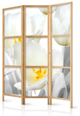 Immagine prodotto di Pannello divisorio giapponese, 3 ante, pieghevole, realizzato in tessuto non tessuto di alta qualità, con motivo di fiori bianchi, ideale per il soggiorno, dimensioni 135 cm x 172 cm