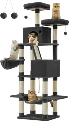 A multi-level cat tree with several cats on it, set against a white background.