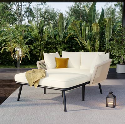Merax Gartensofa mit Stahlrahmen und Kissen, Gartenliege für 2 Personen, Gartenmöbel Set Sonnenliege Gartenloungeset Balkonset, Weiß