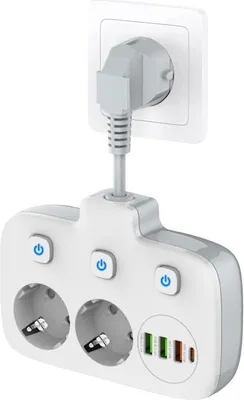Obrázek produktu pro 6v1 prodlužovací kabel s jednotlivými vypínači, zásuvka s přepěťovou ochranou a 3 vypínači, dvojitá zásuvka do zdi se 4 USB porty, cestovní adaptér s ochranou proti nadproudu a dětskou pojistkou