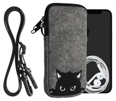 Produktbild von kwmobile Handytasche für Smartphones XXL - 7" - Filz Handy Hülle Grau Schwarz - Handy Tasche mit Kette 17,7 x 8,5 cm Innenmaße - Neugierige Katze