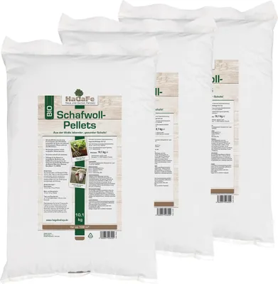 Produktbild von 3 x 10kg HaGaFe Schafwoll - Pellets, Schafwollpellets, Universaldünger, Gartendünger, Wasserspeicher, Gemüsedünger, organischer- Dünger