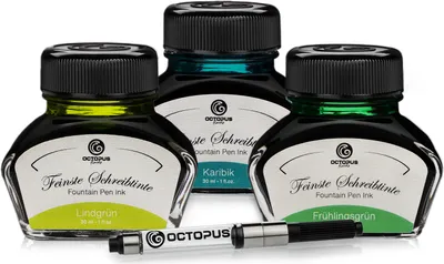 Produktbild von 3 x 30 ml Octopus Schreibtinte mit Tinten-Konverter, Lindgrün, Karibik und Frühlingsgrün