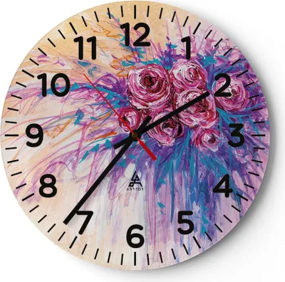 Produktbild von Wanduhr - Rund - Glasuhr - Blumenstrauß Blumen Rosen - 40x40cm - Schleichendes Uhrwerk - Lautlos - zum Aufhängen bereit - Dekoration Modern - Wanddekoration aus Glas - C4AR40x40-4465