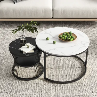Obrázok produktu pre Konferenčný stolík Fortuna Lai 2 v 1 sada bočných stolíkov s mramorovým vzhľadom a poličkou, Ø 70 x 45/Ø 45 x 40 cm, kovový rám, čierna farba