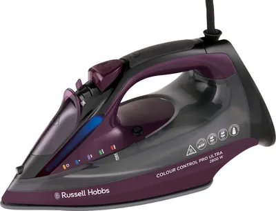 A studio shot of a purple and black Russell Hobbs steam iron against a white background.