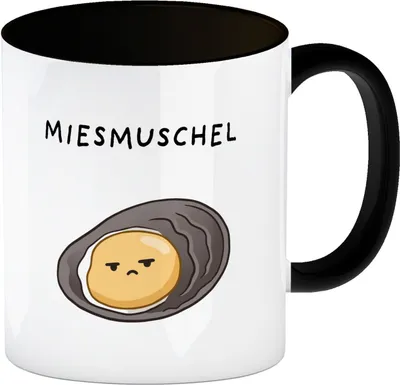 Produktbild von Jelly & Friends Muschel Kaffeebecher in schwarz mit Spruch Miesmuschel