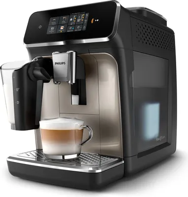 A Philips coffee machine with a cup of coffee in front of it.