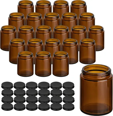 Produktbild von gouveo 24er Set Cremetiegel 150 ml aus Braunglas mit Schraub-Deckel schwarz-matt - Leere Cremedose zum Nachfüllen - Glasdose für Kosmetik oder Gewürze