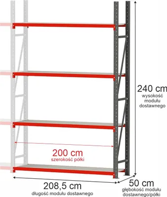 Zdjęcie produktu dla Regał metalowy magazynowy warsztatowy 4-półkowy Mega-M FORTIS 240x208,5x50 cm moduł dostawny 1400kg