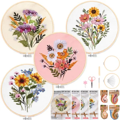 Stickerei-Set 4er-Pack mit Blumenmotiven, Bambusrahmen, Garn – DIY für Anfänger