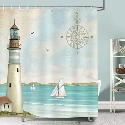 Productafbeelding van Unyqoos® douchegordijn met een zeilboot- en vuurtorenmotief, 100% polyester, waterdicht en schimmelwerend, 180 x 180 cm, inclusief 12 haken