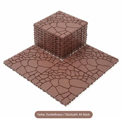 Produktbild von 44er PVC Klickfliesen 30,5 x 30,5 cm, ca. 4 m², Terrassenfliesen in Steinoptik, wetterfest für Balkon, Terrasse und Garten, Braun