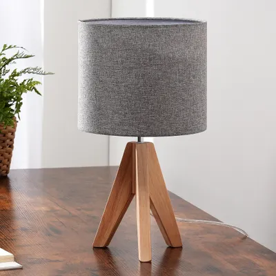 Productafbeelding van EDISHINE Vintage tafellamp, bedlampje, grijs, op basis, houten led-tafellamp, retro landelijke stijl, E27-fitting, lampenkap van linnen