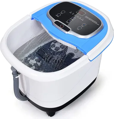 Produktbild von Elektrische Fußwanne, Fußmassagegerät mit rotem Licht, Massage-, Dusche- und Heizfunktionen, Temperatur & Zeit einstellbar, tragbares Fußbecken mit 4 Rädern (Blau)