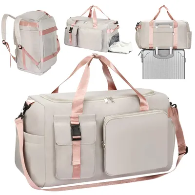 Imagen del producto de Bolsa de deporte Cozary para hombre y mujer - Maleta de viaje de 42L, fabricada en tejido Oxford impermeable - Bolsa de deporte 3 en 1 con compartimento para zapatos y compartimento para objetos húmedos - Ideal para entrenamiento y viajes - Disponible en rosa y gris