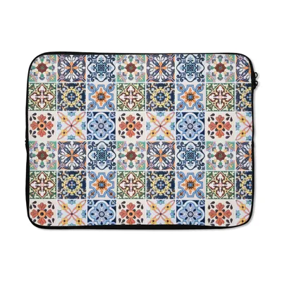 Produktbild von MuchoWow® Laptop Hülle 17 Zoll Laptoptasche Design - Blumen - Orange - Blau - Abstrakt - Zipper - Schutzabdeckung