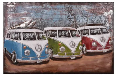 Produktbild von 3D-Metallbild 3 Bullis - Stahl Bunt 5x80x120cm | Wandbild Wohnzimmerbild Dekobild Flur Büro