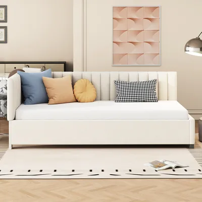 Produktbild von okwish Schlafsofa Daybett 90x200cm mit Lattenrost, Tagesbett Kinderbett Jugendbett aus Holz(Ohne Matratze)- Beige
