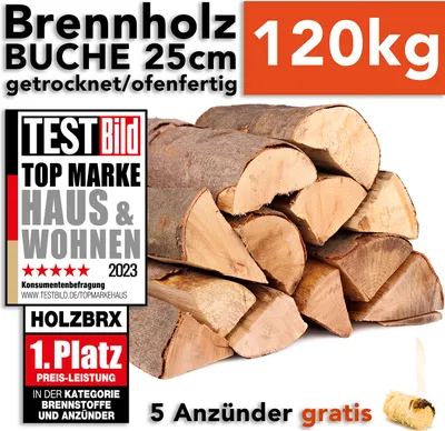Produktbild von Brennholz Kaminholz Feuerholz Buche 120kg im Karton / 25cm Länge ofenfertig gesägt gespalten getrocknet (firewood beech / bois de chauffage hêtre) HOLZBRX