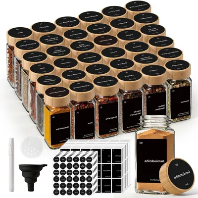 Obrázok produktu pre Sada 36 kusov sklenených nádob na korenie s bambusovými viečkami (120 ml) a štítkami