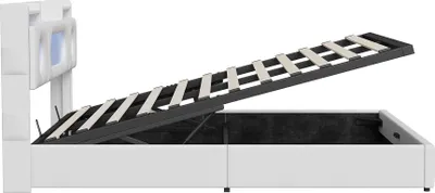 Obrázek produktu pro Čalouněná postel Fortuna Lai 160x200 s USB a typem C, skříňová pružinová postel s lamelovým roštem, postel pro mládež s LED, hydraulická úložná postel dvojlůžko, Imitace kůže, bílá