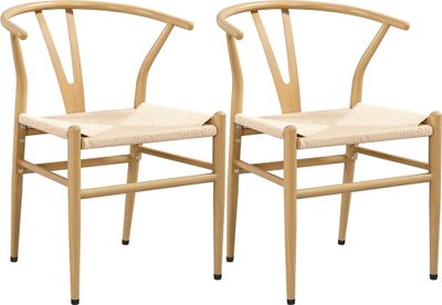 Yaheetech 2-er Set mittelalterliche Esszimmerstühle Y-Stuhl Wishbone Stuhl Querlenkerstuhl Rattan-Sessel Lehnstuhl mit Gewebtem Sitz Stapelstühle für Esszimmer und Wohnzimmer Metallrahmen Holzfarbe