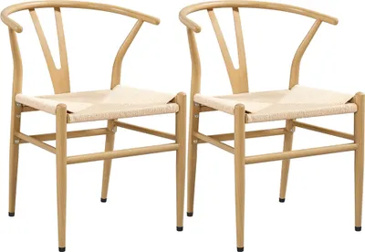 Produktbild von Yaheetech 2-er Set mittelalterliche Esszimmerstühle Y-Stuhl Wishbone Stuhl Querlenkerstuhl Rattan-Sessel Lehnstuhl mit Gewebtem Sitz Stapelstühle für Esszimmer und Wohnzimmer Metallrahmen Holzfarbe