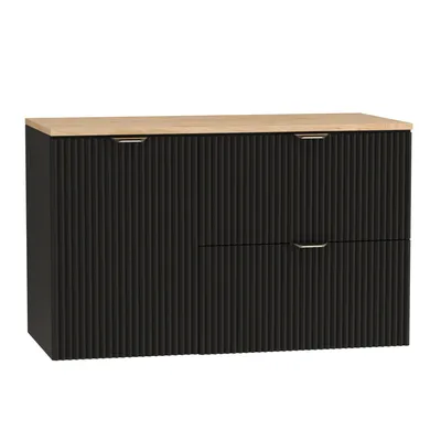 A black vanity cabinet with a wooden top and gold handles, shown against a white background.