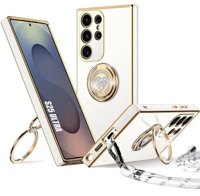 Image de Coque pour Samsung Galaxy S25 Ultra, Protection Silicone Antichoc avec Cordon et Anneau Motif Coeur - Blanc