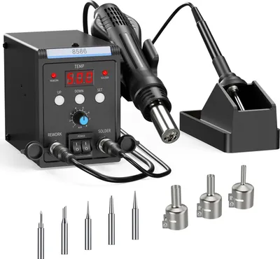 Produktbild von 2-in-1 Lötstation - 700W Heißluft und Lötkolben - Temperaturregelung - LED Display - 220V EU Stecker - schwarz