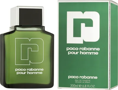 A bottle of Paco Rabanne Pour Homme eau de toilette and its packaging are shown against a white background.