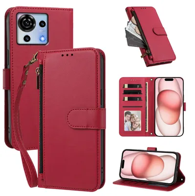Image de Étui portefeuille pour ZTE Blade V50 Vita, en cuir PU, avec compartiments pour cartes, support et dragonne. Couleur : rouge