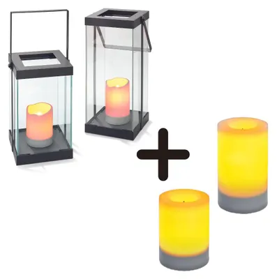 Produktbild von LED-Glaslaternen 2er Set Solar- oder Batteriebetrieb mit Wechselkerzen