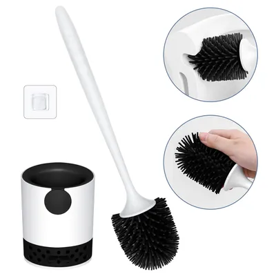 Produktbild von Klobürste Silikon, WC-Bürste mit Haltersatz für Badezimmer Gäste-WC, Wandmontage & Stehen Silikon Toilettenbürste (Weiß-Schwarz)