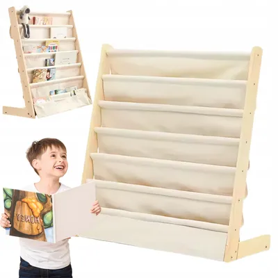 Produktbild von Kinderbücherregal aus Holz - 76 cm Breite - Montessori Kinderregal mit Taschen